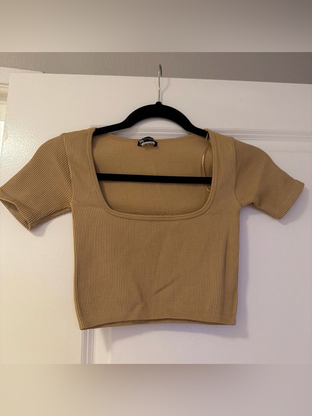 Ribbed Square Neck Crop Top - Tan